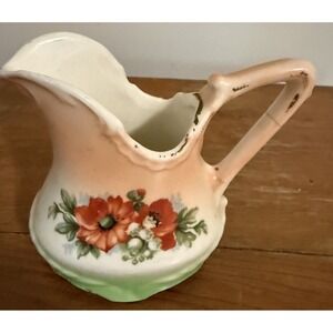 Antique Czechoslovakia Czech‎ Porcelain Creamer Poppy's Flowers Gold Trim Pink